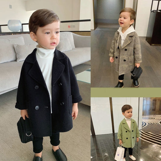 Winter Plaid Jacket Boys Girls Wool Double Breasted Trench Coat