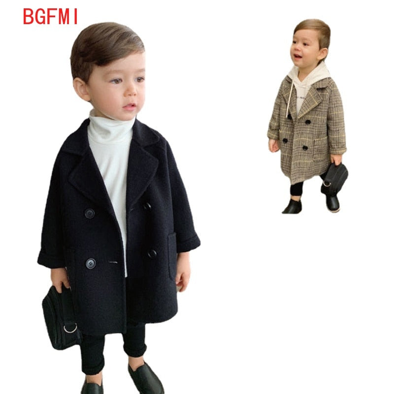 Winter Plaid Jacket Boys Girls Wool Double Breasted Trench Coat