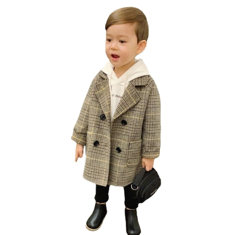 Winter Plaid Jacket Boys Girls Wool Double Breasted Trench Coat