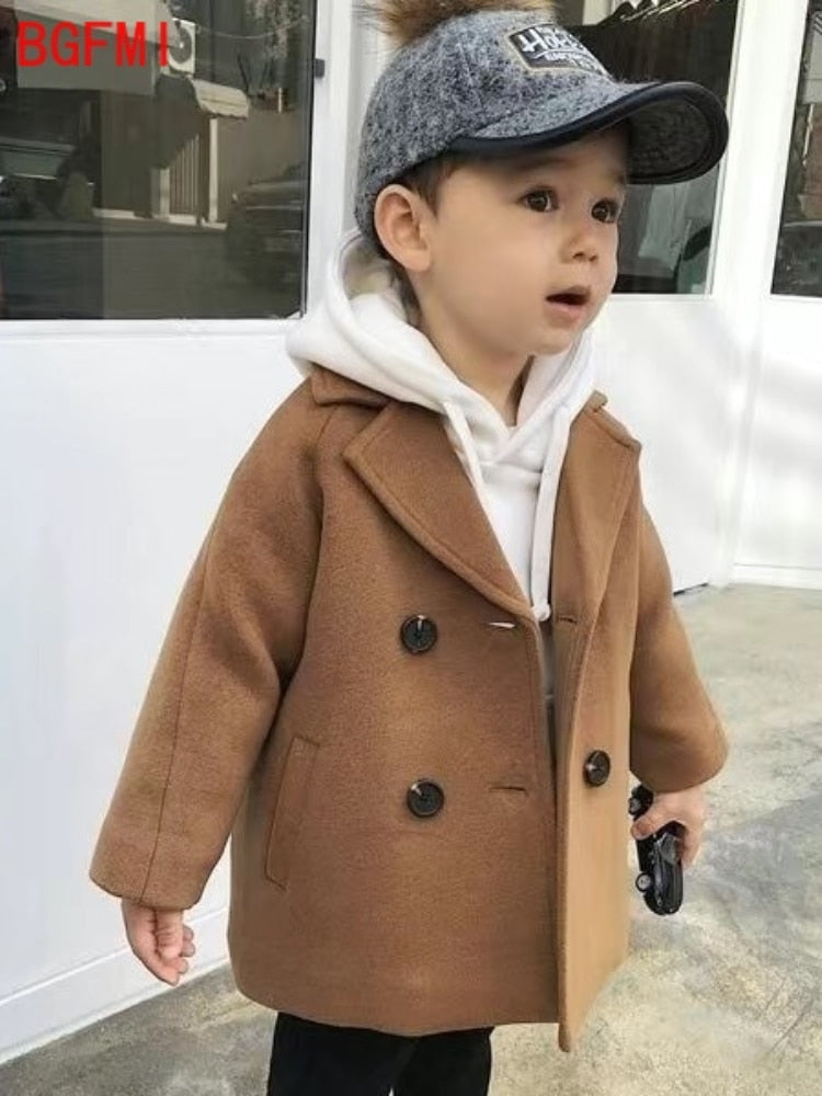 Winter Plaid Jacket Boys Girls Wool Double Breasted Trench Coat